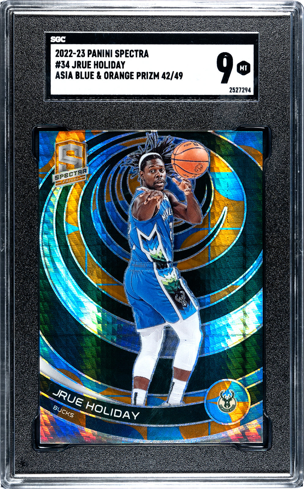 holiday_jrue_2022-23_panini_spectra_34_jrue_holiday_asia_blue_orange_prizm_42-49_sgc-grade-9_auth-2527294