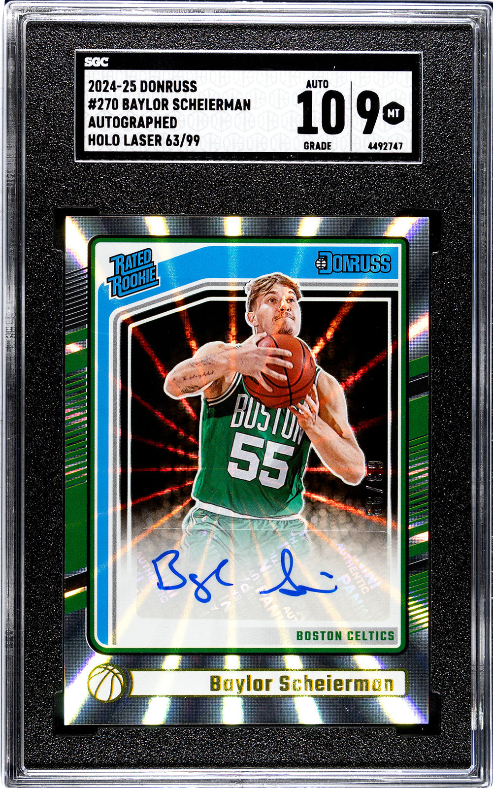scheierman_baylor_2024-25_donruss_270_baylor_scheierman_autographed_holo_laser_63-99_sgc-grade-9-auto-10_auth-4492747